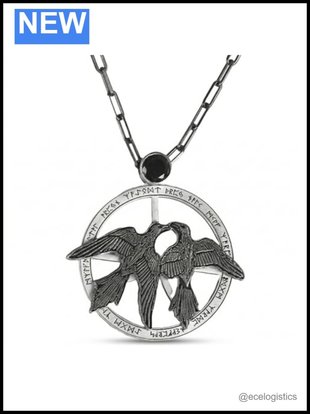 Sterling Silver Huginn Muninn Onyx Raven Necklace